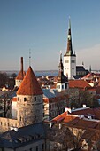 Estonia, Tallinn, Toompea area, elevated view of Old Town, sunset