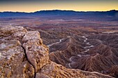 Sunset light over eroded hills at the Borrego Badlands, from Fonts Point, Anza Borrego Desert State Park, San Diego County, California