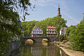 Brückenhäuser, Alte Nahebrücke, Turm von St. Paulus, Bad Kreuznach, Nahe, Rheinhessen, Rheinland-Pfalz, Deutschland, Europa