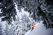 Skifahrer im Schneefall, Grouse Mountain, British Columbia, Kanada