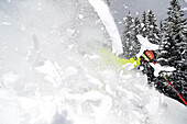 Skier in the deep powder snow, Reit im Winkl, Chiemgau, Upper Bavaria, Bavaria, Germany, Europe