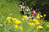 Women hiking in idyllic landscape, Reit im Winkl, Chiemgau, Bavaria, Germany, Europe