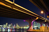 Miami skyline seen from underneath MacArthur Causeway, Florida, USA