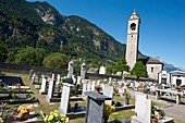 Cemetery in an alpine village premia municipality the church was build during the 15th century