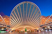 Oriente railway station by Santiago Calatrava at Dusk, Gare do Oriente at dusk Parque das Nações Lisbon, Portugal