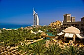 View from the Al Qasr Hotel, part of the Madinat Jumeirah resort complex, to the Burj al Arab Hotel, Dubai, United Arab Emirates