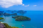 Overview from Ko Wua Talap, one of the islands in the Angthong National Marine Park 42 limestone islands near Koh Samui island, Gulf of Thailand, Thailand