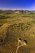 Aerial views above Ridgway, Colorado USA Sneffels Range of the San Juan Mountains in the background