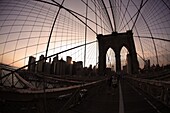 View of the Brooklyn Bridge at sunset, Manhattan, New York, USA