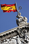 Spanish Flag On The Roof Of The National Library, Biblioteca Y Museos Nacionales, Passeo De Recoletos, Madrid, Spain