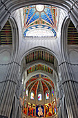 Painting 'Cristo De La Buena Muerte' And Neo-Gothic Ceiling Of The Cathedral Of La Almudena, Its Construction Started In 1883 By The Architect Francisco De Cubas, Madrid, Spain