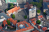 Aerial shot of Brunswick Cathedral and Dankwarderode Castle, Brunswick, Lower Saxony, Germany