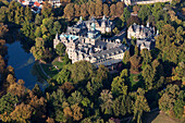 Aerial shot of Bueckeburg Castle with chateau park, Bueckeburg, Lower Saxony, Germany