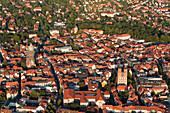 Aerial shot of old town with St. Johannis Church and St. James's Church, Goettingen, Lower saxony, Germany
