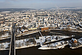 Luftbild von Hameln im Winter, Pfortmühle, Weserinsel, Niedersachsen, Deutschland