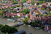 Aerial shot of town hall, harbor and town hall bridge, Leer, Lower Saxony, Germany