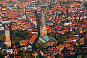 Aerial shot of old town with water tower and St. John's Church, Luneburg, Lower Saxony, Germany