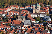 Aerial shot of old town with St. Peter's Cathedral, St Mary's church and Town Hall, Osnabruck, Lower Saxony, Germany