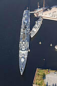 high angle, aerial view of a battleship in the naval base, harbour at Wilhelmshaven, Lower Saxony, Germany