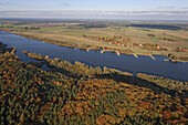 Luftbild, Oberelbe bei Hitzacker in Herbst, bunter Laubwald, Buhnen zur Ufersicherung, an der Elbbörde, Niedersachsen, Deutschland