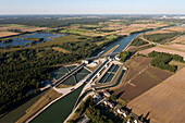 Aerial shot of Suelfeld locks, Midland Canal, Wolfburg, Lower Saxony, Germany