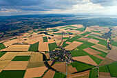 Aerial shot of fields and villages, Weser Hills, Lower Saxony, Germany