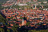 Aerial shot of old town with St. Michael's Church and St. Nicholas' Church, Lueneburg, Lower Saxony, Germany