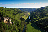 View over the Danube valley towards Beuron monastery, Upper Danube nature park, Danube river, Baden-Wuerttemberg, Germany