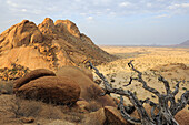 Dead tree and red balancing granite rock in front of Sugarloaf, Great Spitzkoppe, Namibia