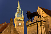 Lion at castle square, town hall in background at night, Brunswick, Lower Saxony, Germany Europe