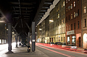 Bridge and houses at Gitschiner Strasse at night, Berlin-Kreuzberg, Berlin, Germany, Europe