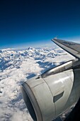 Flying over the Everest range of the Himalaya mountains.