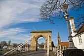 Marlow Suspension Bridge and All Saints Church. Thames river. Marlow. Buckinghamshire. England. UK.