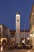 Stradun with town hall and clock tower in the evening, Old Town, Dubrovnik, Dubrovnik-Neretva county, Dolmatia, Croatia