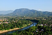 View from Phu Si hill in the city centre looking down the Nam Khan river, Luang, Prabang, Laos, South East Asia