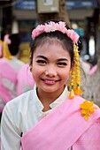 Thai girl in costume ready for the Loi Krathong festival parade, Chiang Mai, Thailand, Asia