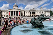 Trafalgar Square fountain and The National Gallery, London, England, UK