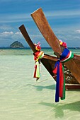 Decorated prows of traditional longtail boats at Laem Thong beach Phi Phi Don island, Thailand