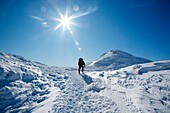 Appalachian Trail - Hiker along the Crawford Path in the Presidential Range during the winter months in the White Mountains, New Hampshire USA