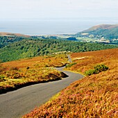 The view from Dunkery Hill towards Porlock and over the Bristol Channel on Exmoor National Park, Somerset, England
