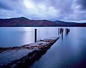 Barrow Bay landing stage underwater due to high rainfall at dusk Derwent Water in the Lake District National Park near Keswick, Cumbria, England, United Kingdom