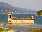 europe, macedonia, mavrovo national park, mavrovsko lake, mavrovo village, old ruined church in the lake
