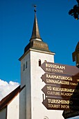 Signs for tourists in front of Jaani Kirk the St Johns Church in Viljandi Estonia Europe