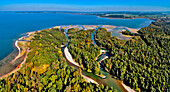 Aerial view of the Tirol Ach river delta in the Chiemsee, Tiroler Achen, Natural reserve, Chiemgau, Upper Bavaria, Bavaria, Germany