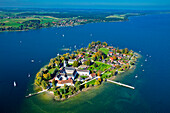 Aerial view of the Frauenchiemsee Abbey, Fraueninsel in the background with Herrenchiemsee on the left side , Chiemsee, Chiemgau, Upper Bavaria, Bavaria, Germany