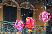 Pink Lanterns in front of a housein Hanoi, Hanoi, Vietnam, Asia