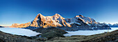 Panorama of Wetterhorn, Eiger, Moench and Jungfrau above Kleine Scheidegg, sea of fog above Grindelwald, Kleine Scheidegg, Grindelwald, UNESCO World Heritage Site Swiss Alps Jungfrau - Aletsch, Bernese Oberland, Bern, Switzerland, Europe