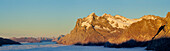 Panorama with Wetterhorn, Mittelhorn, Rosenhorn and Baerglistock, sea of fog above Grindelwald, Kleine Scheidegg, Grindelwald, UNESCO World Heritage Site Swiss Alps Jungfrau - Aletsch, Bernese Oberland, Bern, Switzerland, Europe