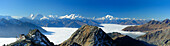 Panorama of Wallis Alps and Mont Blanc with Weissmies, Mischabel group, Matterhorn, Weisshorn, Montblanc and sea of fog above valley of Rhone, Eggishorn in foreground, UNESCO World Heritage Site Swiss Alps Jungfrau - Aletsch, Bernese Alps, Valais, Switzer