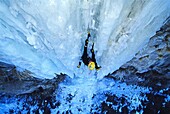 Mark Hauter, ice climbing a route called Neutron at the Mother Lode Area in the Snake River Canyon near the city of Twin Falls, Idaho